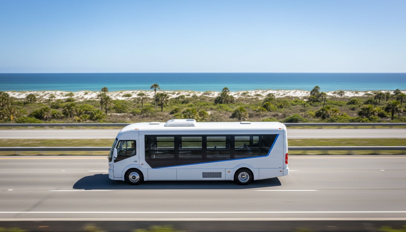 Passenger shuttle van driving smoothly on highway